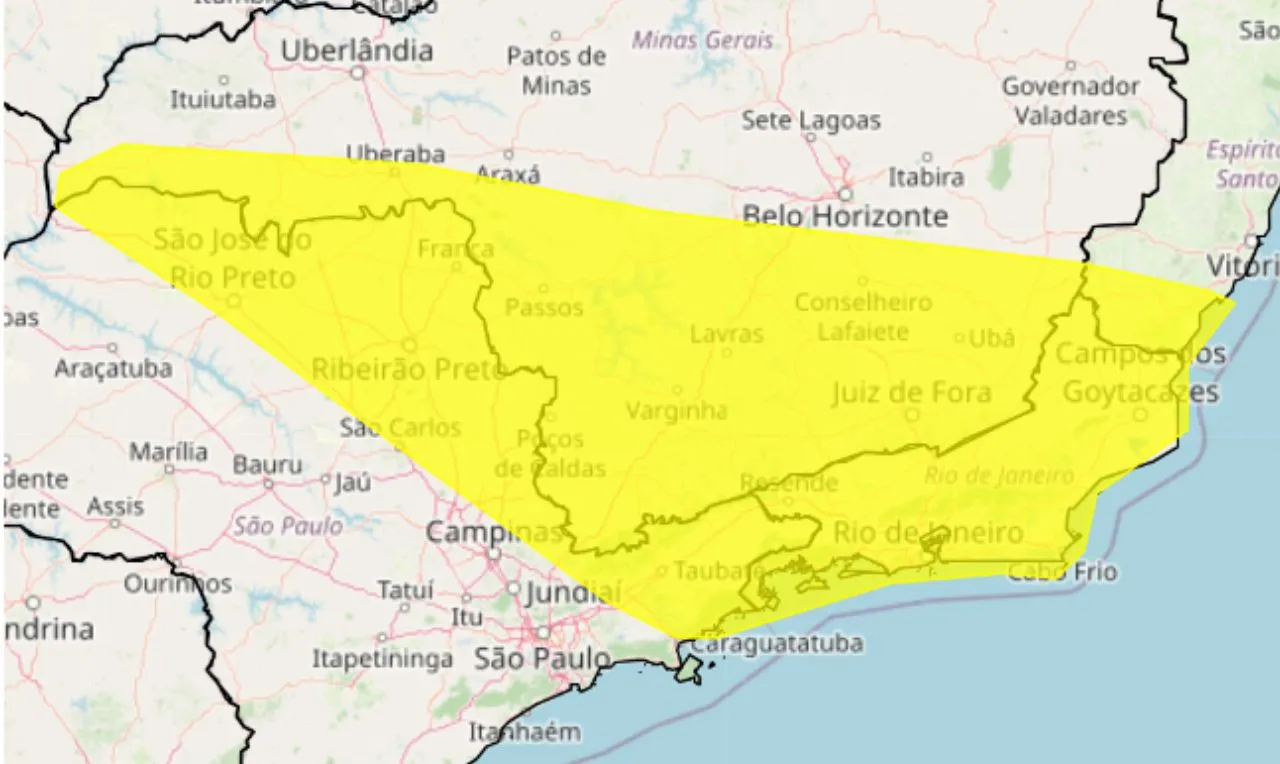 O mapa mostra as &aacute;reas em alerta para temporais